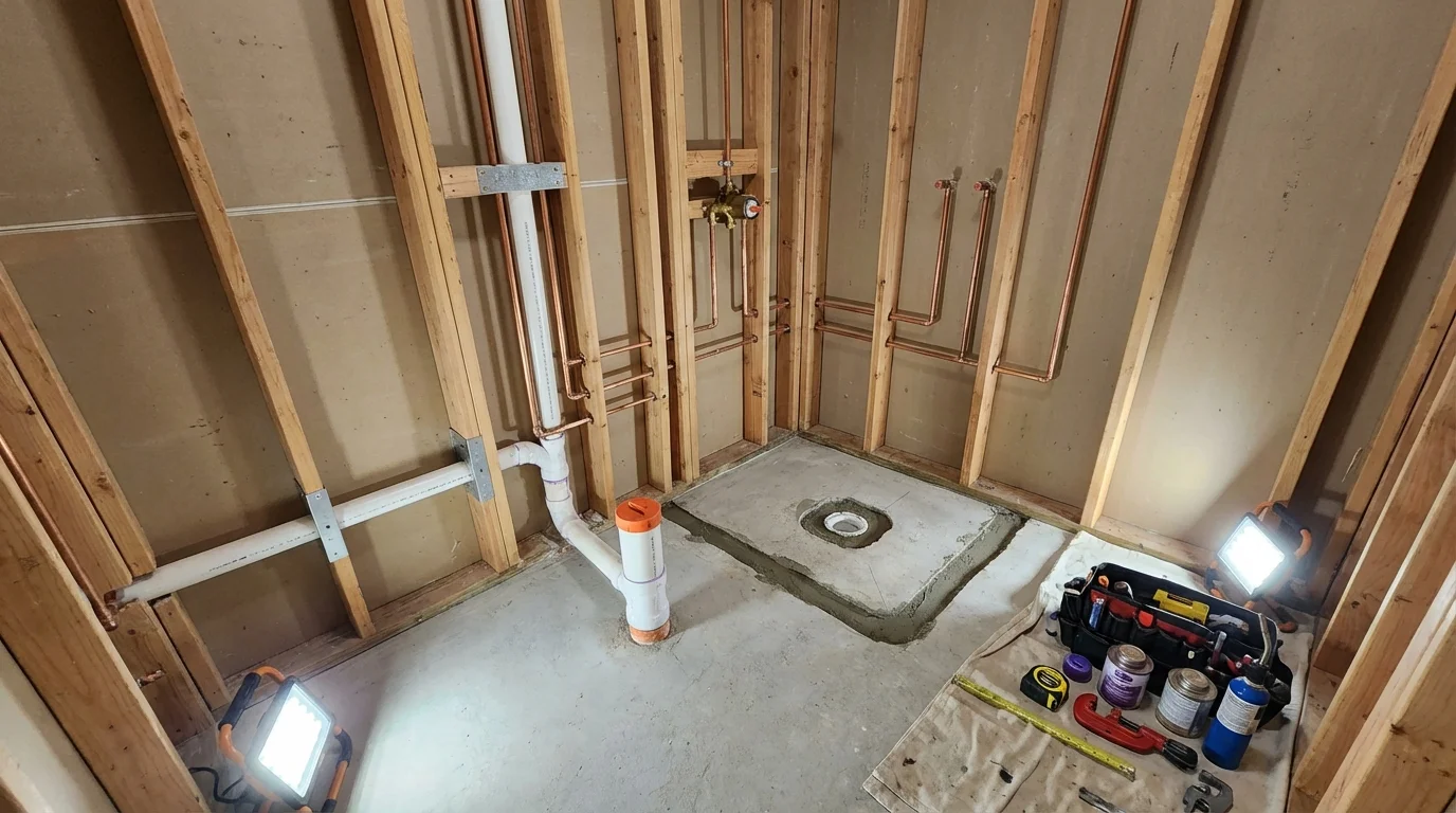 Bathroom rough-in plumbing during remodel by Johns Plumbing LLC in Duenweg
