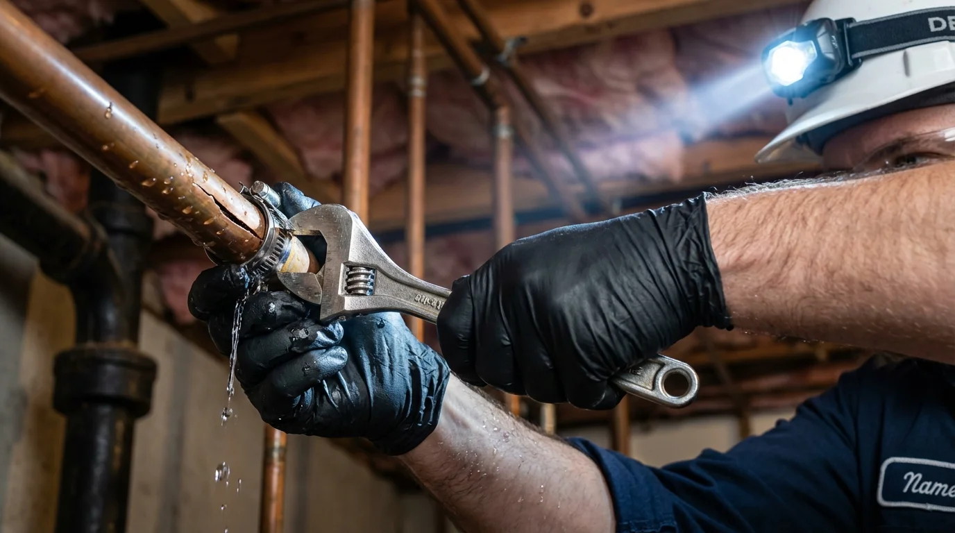 Emergency pipe clamp repair being performed by a Johns Plumbing LLC plumber in Duenweg