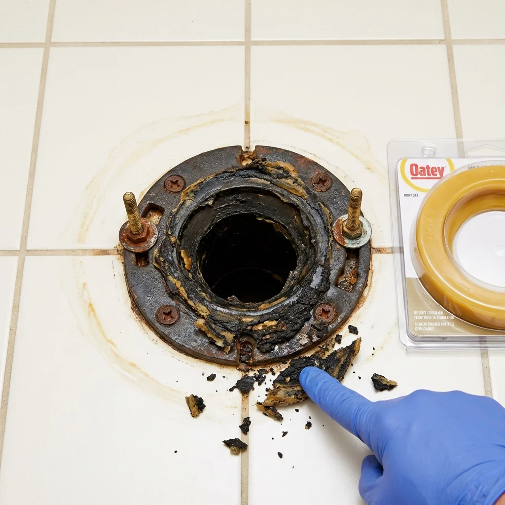 Failed wax ring showing water seepage at the base of a toilet in a Duenweg, MO home