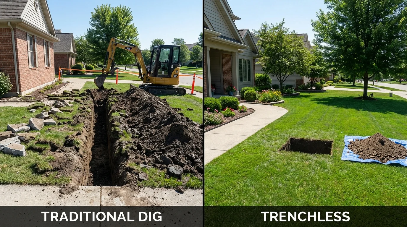 Trenchless sewer repair with minimal yard damage versus traditional excavation in Duenweg, MO