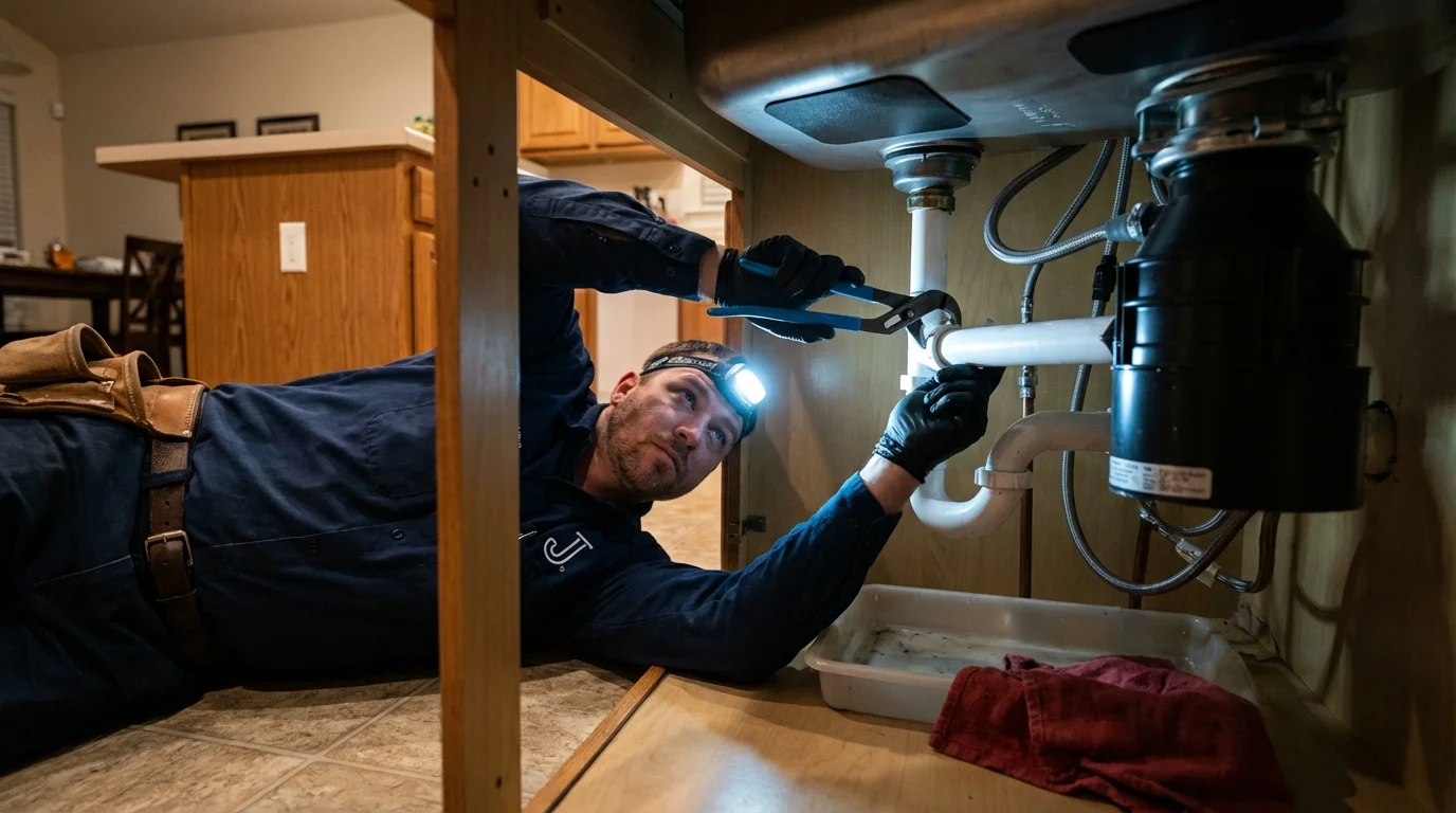 P-trap and supply line connections under a kitchen sink showing a common leak point in Duenweg, MO